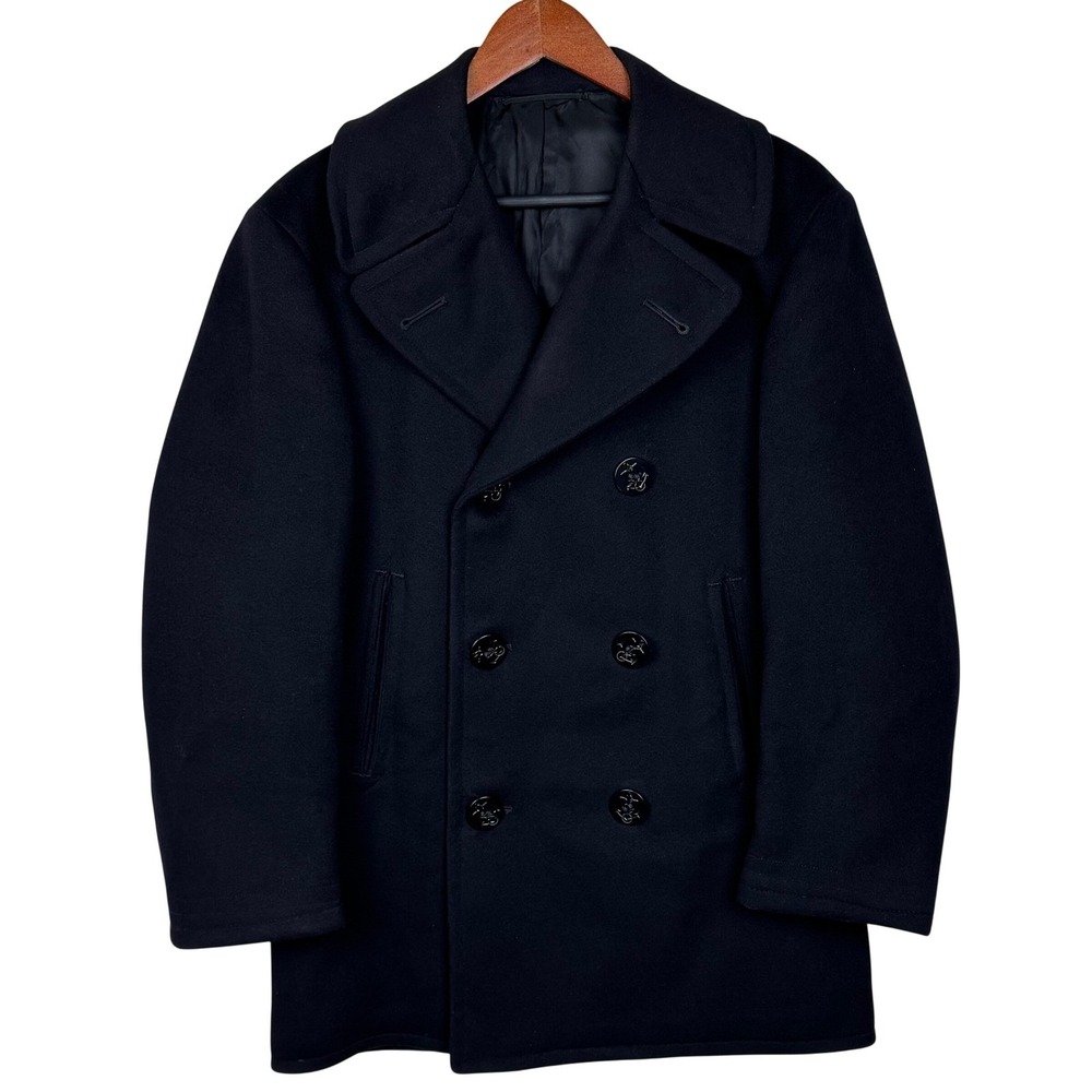 Vtg US Navy Peacoat Kersey Wool Double Breasted‎ Anchor Buttons Corduroy Pockets